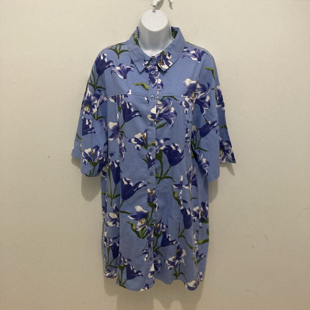 ASOS DESIGN blue white purple floral short sleeves button up shirt dress 14